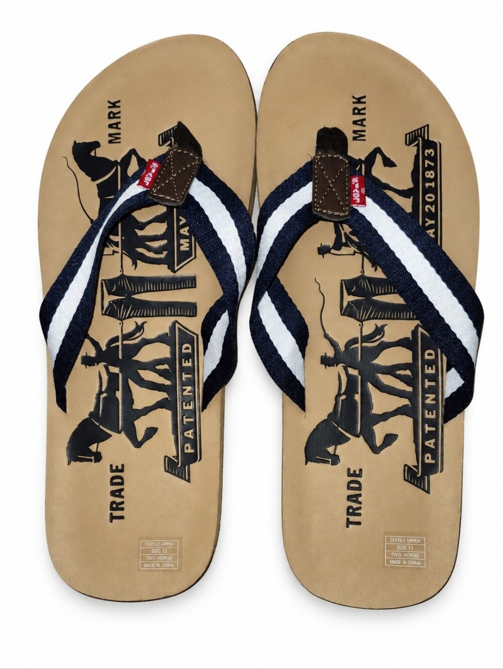Levi’s Men’s Two Horse Flip Flop Sandals Size 13 Navy Striped New Without Tags